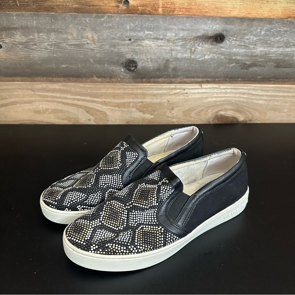Michael Kors MK Leo Beaded Suede Loafers Black White Slip On Flats Shoes 8M